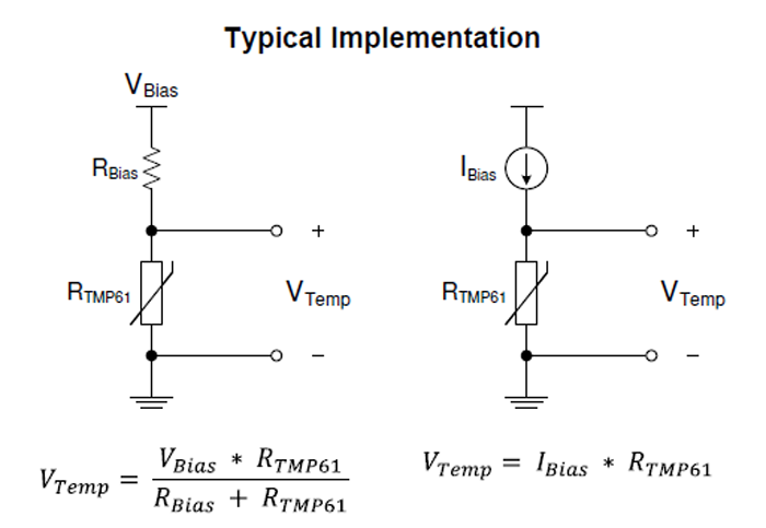 2.作為電阻組件，可以使用電壓源（左）或電流源（右）來驅(qū)動熱敏電阻。實際上，大多數(shù)電壓驅(qū)動電路使用比例布置來消除源漂移的影響